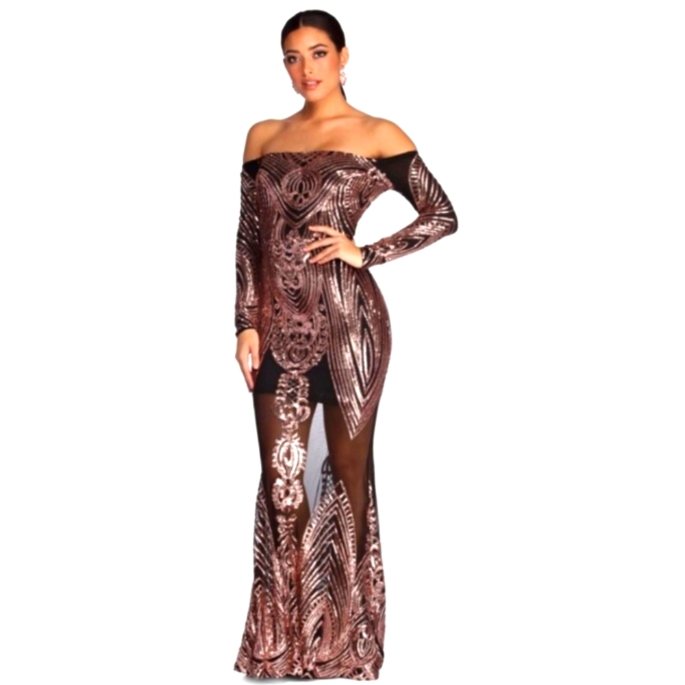 Rose Gold Off the Shoulder Sequins formal dress